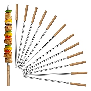 ibell sc1240 barbeque skewers 40cm stainless steel bbq sticks with wooden handle reusable kebab skewers for grilling meat paneer vegetables easy to clean camping and outdoor pack of 12