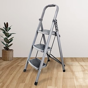 ibell 3 step ladder for home  foldable heavy duty steel ladder with 150 kg capacity wide anti-skid steps safety lock space-saving max height 110 cm 36 ft 5 year manufacturing warrantyt003e