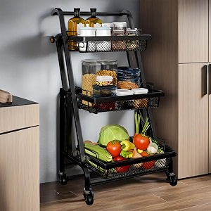 ibell ts1323am multipurpose kitchen storage rack with wheels 3 layer carbon steel portable organizer trolley for dishes fruits and vegetables black