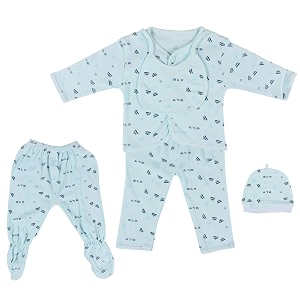 icable newborn baby high quality cotton polyester blend top pyjama with cap and bib set blue 0-3 months