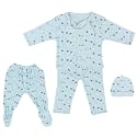ICABLE Newborn Baby High Quality Cotton Polyester Blend Top Pyjama With Cap And Bib Set (Blue, 0-3 Months)