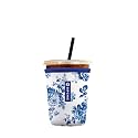 Iced Coffee Sleeve – Neoprene Reusable Cup Sleeves for Drinks, Insulated Drink Sleeves to Keep Hands Dry &amp; Drinks Cold, Stylish &amp; Durable Coffee Sleeves (Blue Porcelain Bloom, Small: 16-20oz)