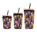 Iced Coffee Sleeve – Neoprene Reusable Cup Sleeves for Drinks, Insulated Drink Sleeves to Keep Hands Dry &amp; Drinks Cold, Stylish &amp; Durable Coffee Sleeves (Meow Jungle, S/M/L 3-Pack)