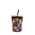 Iced Coffee Sleeve – Neoprene Reusable Cup Sleeves for Drinks, Insulated Drink Sleeves to Keep Hands Dry &amp; Drinks Cold, Stylish &amp; Durable Coffee Sleeves (Meow Jungle, Small: 16-20oz)