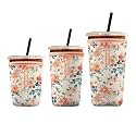 Iced Coffee Sleeve – Neoprene Reusable Cup Sleeves for Drinks, Insulated Drink Sleeves to Keep Hands Dry &amp; Drinks Cold, Stylish &amp; Durable Coffee Sleeves (Spring Camellia, S/M/L 3-Pack)