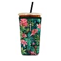 Iced Coffee Sleeve – Neoprene Reusable Cup Sleeves for Drinks, Insulated Drink Sleeves to Keep Hands Dry &amp; Drinks Cold, Stylish &amp; Durable Coffee Sleeves (Pink Jungle, Large: 30-32oz)