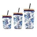 Iced Coffee Sleeve – Neoprene Reusable Cup Sleeves for Drinks, Insulated Drink Sleeves to Keep Hands Dry &amp; Drinks Cold, Stylish &amp; Durable Coffee Sleeves (Blue Porcelain Bloom, S/M/L 3-Pack)
