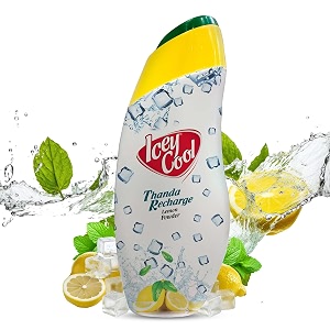 icey cool lemon herbal prickly heat and ice cool body talcum powder  advanced sweat absorption odor prevention and cooling relief plus lemon for skin benefits 300g