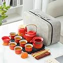 ICHAG Chinese Tea Set, Japanese Tea Sets for Adults, 15-Piece Porcelain Gongfu Tea Set with Teapet &amp; Tea Tray, Japanese Teapot Sets, Travel Tea Party Sets, for Home/Office/Outdoor/Gifts (Red)
