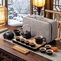 ICHAG Gongfu tea sets,Tea pet,Portable Ceramic TeaSet, Asian Tea sets for adult, Tea Gift sets, Grey leather case, Portable Travel Bag,Home,Gifting,Outdoor and Office