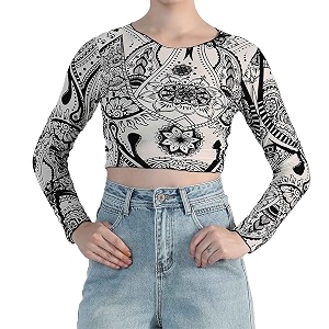 icw women long-sleeves round neck net printed transparent mesh sheer crop top t-shirt dn38mix print