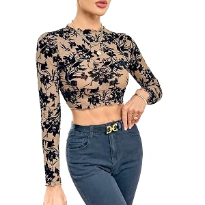 icw women long-sleeves round neck net printed transparent mesh sheer crop top t-shirt dn38mix print