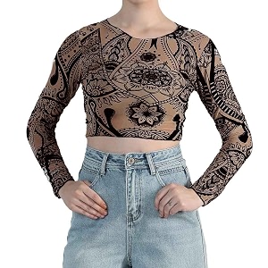 icw women long-sleeves round neck net printed transparent mesh sheer crop top t-shirt dn38mix print