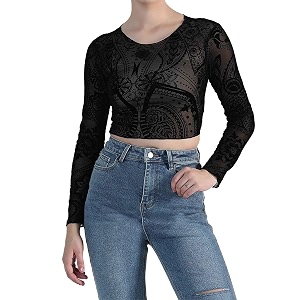 icw women long-sleeves round neck net printed transparent mesh sheer crop top t-shirt dn38mix print
