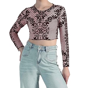 icw women long-sleeves round neck net printed transparent mesh sheer crop top t-shirt dn38mix print