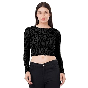 icw women long-sleeves round neck net printed transparent mesh sheer crop top t-shirt dn38mix print