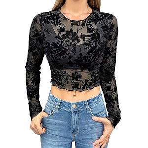 icw women long-sleeves round neck net printed transparent mesh sheer crop top t-shirt dn38mix print