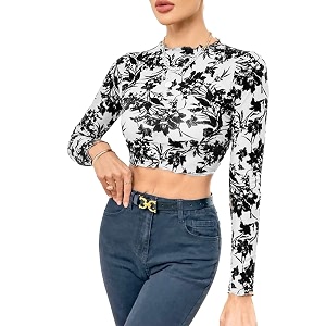icw women long-sleeves round neck net printed transparent mesh sheer crop top t-shirt dn38mix print