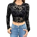 ICW Women Long-Sleeves Round Neck Net Printed Transparent Mesh Sheer Crop Top T-Shirt DN38(Mix Print)