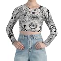 ICW Women Long-Sleeves Round Neck Net Printed Transparent Mesh Sheer Crop Top T-Shirt DN38(Mix Print)