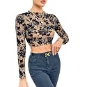 ICW Women Long-Sleeves Round Neck Net Printed Transparent Mesh Sheer Crop Top T-Shirt DN38(Mix Print)