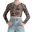 ICW Women Long-Sleeves Round Neck Net Printed Transparent Mesh Sheer Crop Top T-Shirt DN38(Mix Print)