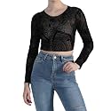 ICW Women Long-Sleeves Round Neck Net Printed Transparent Mesh Sheer Crop Top T-Shirt DN38(Mix Print)