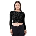 ICW Women Long-Sleeves Round Neck Net Printed Transparent Mesh Sheer Crop Top T-Shirt DN38(Mix Print)