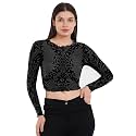 ICW Women Long-Sleeves Round Neck Net Printed Transparent Mesh Sheer Crop Top T-Shirt DN38(Mix Print)