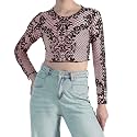 ICW Women Long-Sleeves Round Neck Net Printed Transparent Mesh Sheer Crop Top T-Shirt DN38(Mix Print)