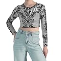 ICW Women Long-Sleeves Round Neck Net Printed Transparent Mesh Sheer Crop Top T-Shirt DN38(Mix Print)