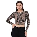 ICW Women Long-Sleeves Round Neck Net Printed Transparent Mesh Sheer Crop Top T-Shirt DN38(Mix Print)