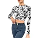 ICW Women Long-Sleeves Round Neck Net Printed Transparent Mesh Sheer Crop Top T-Shirt DN38(Mix Print)