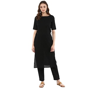 idaLia Cotton Solid Straight Black Kurta Set