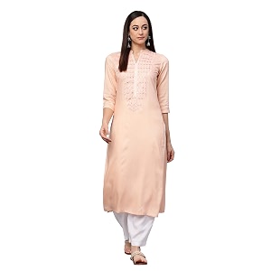 Idalia Cantaloupe Embroidered Kurta Peach and White
