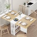 IDEALHOUSE Folding Table, Drop Leaf Table with 6 Wheels and 2-Layer Storage Shelf, Space Saving Dining Table for Small Spaces
