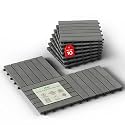Idzo Interlocking Deck Tiles 9.6 SQFT - 10PCS Waterproof Acacia Wood Patio Tiles, Flooring Tiles for Indoor and Outdoor - 6 Slats Decking Stripe Pattern, 11.81 x 11.81 x 0.91 Inches, Gray