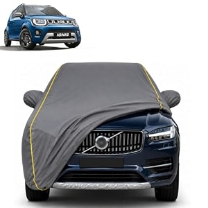 ignis 100 waterproof car cover  dustproof sun protection cover  soft cotton lining  triple stitched  mirror pocket  antenna pocket  all weather body cover grey with yellow piping
