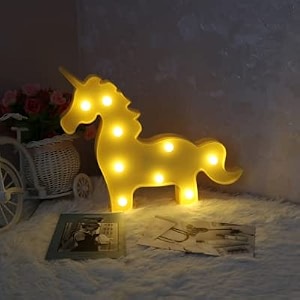 unicorn shaped marquee sign night light for children battery operated led animal sign for desk table wall decoration 9 led bulb warm white light yellow
