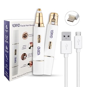 igrid facial hair remover amp eyebrow trimmer for women - upper lip chin nose peach fuzz  dual head mini trimmer  painless rechargeable waterproof portable hair removal machine for women - white