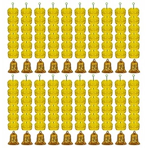 ihandikart artificial handmade 6 flower marigold super-mini garland with bell in the bottomflower decoration color yellow pack of 10 33601-20
