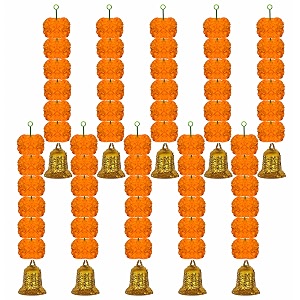 ihandikart artificial handmade 6 flower marigold super-mini garland with bell in the bottomflower decoration color light orange pack of 10 33608-10