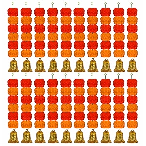 ihandikart artificial handmade 6 flower marigold super-mini garland with bell in the bottomflower decoration color light amp dark orange pack of 20 33605-20