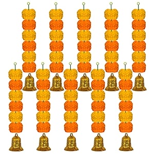 ihandikart artificial handmade 6 flower marigold super-mini garland with bell in the bottomflower decoration color yellow amp orange pack of 10 33606-10
