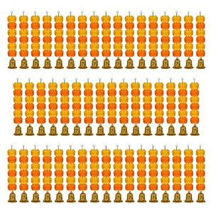 ihandikart artificial handmade 6 flower marigold super-mini garland with bell in the bottomflower decoration color yellow amp orange pack of 50 33606-50