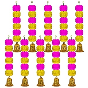 ihandikart artificial handmade 6 flower marigold super-mini garland with bell in the bottomflower decoration color yellow amp pink pack of 10 33603-10