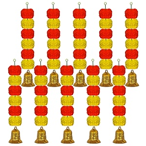 ihandikart artificial handmade 6 flower marigold super-mini garland with bell in the bottomflower decoration color yellow amp dark orange pack of 10 33604-10