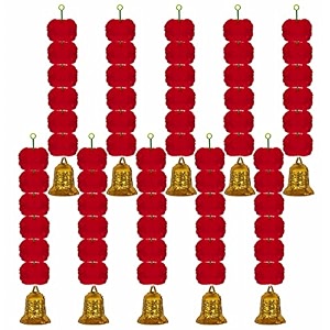 ihandikart artificial handmade 6 flower marigold super-mini garland with bell in the bottomflower decoration color red pack of 10 33607-10