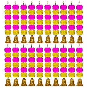 ihandikart artificial handmade 6 flower marigold super-mini garland with bell in the bottomflower decoration color yellow amp pink pack of 20 33603-20