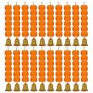 ihandikart artificial handmade 6 flower marigold super-mini garland with bell in the bottomflower decoration color light orange pack of 20 33608-20